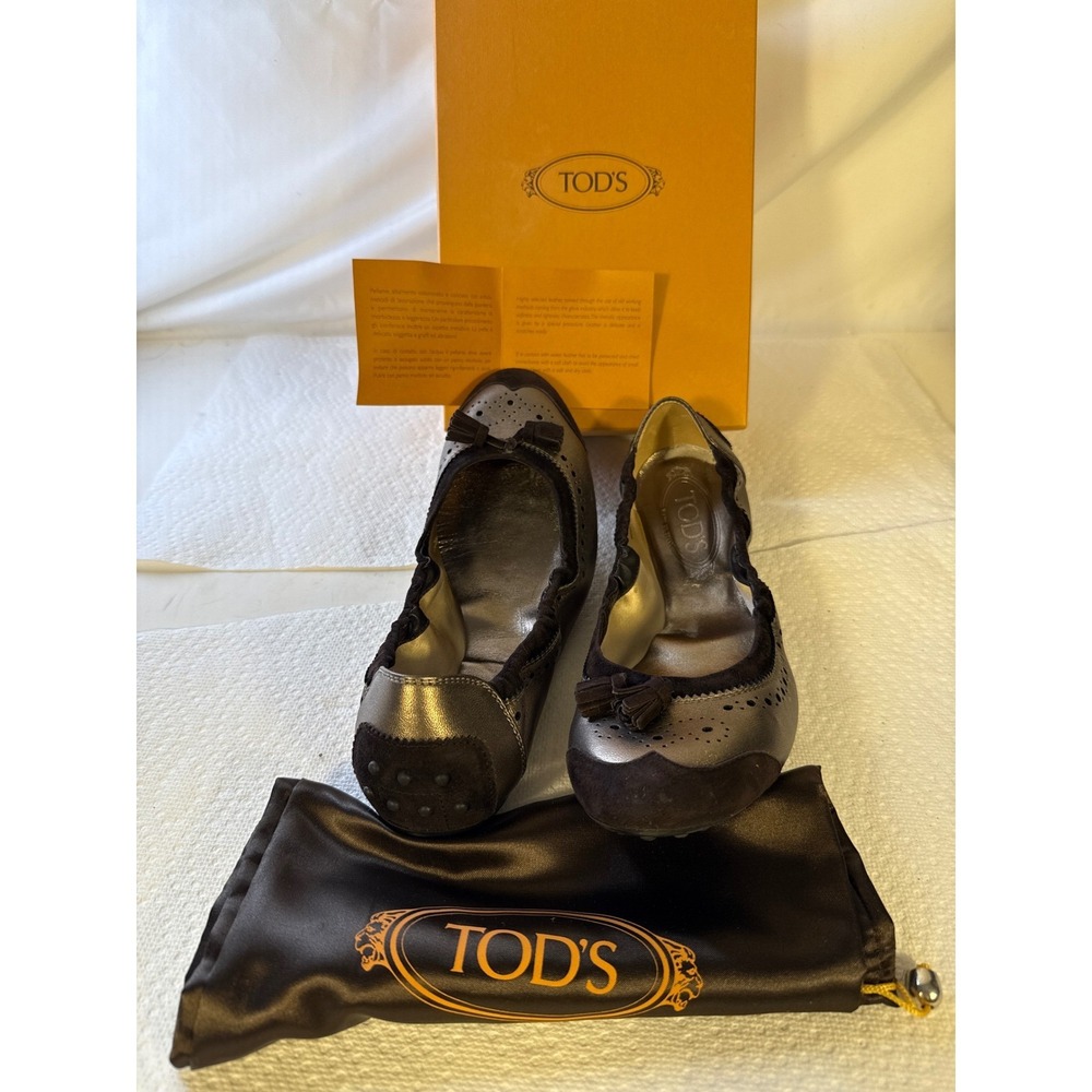 Tods Metallic Pewter Leather Suede Wingtip Tassel Ballet Flats Gommini 41